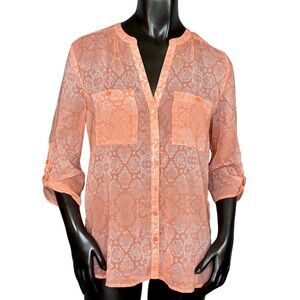 Covington Petite Semi Sheer Blouse Womens Size MP Button Down Closure